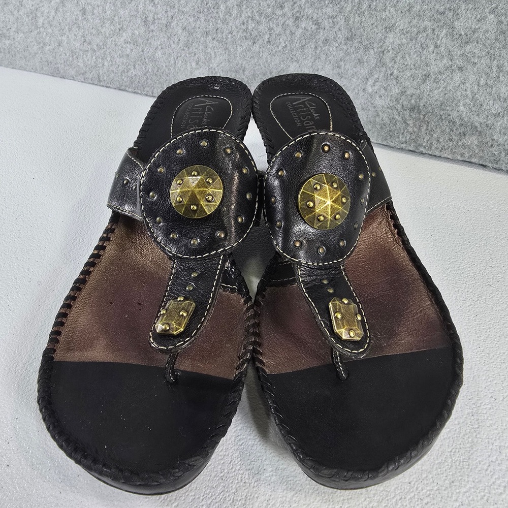 Clarks Artisan Womens Black Leather Studded Wedge Sandals 87260 Size 9M